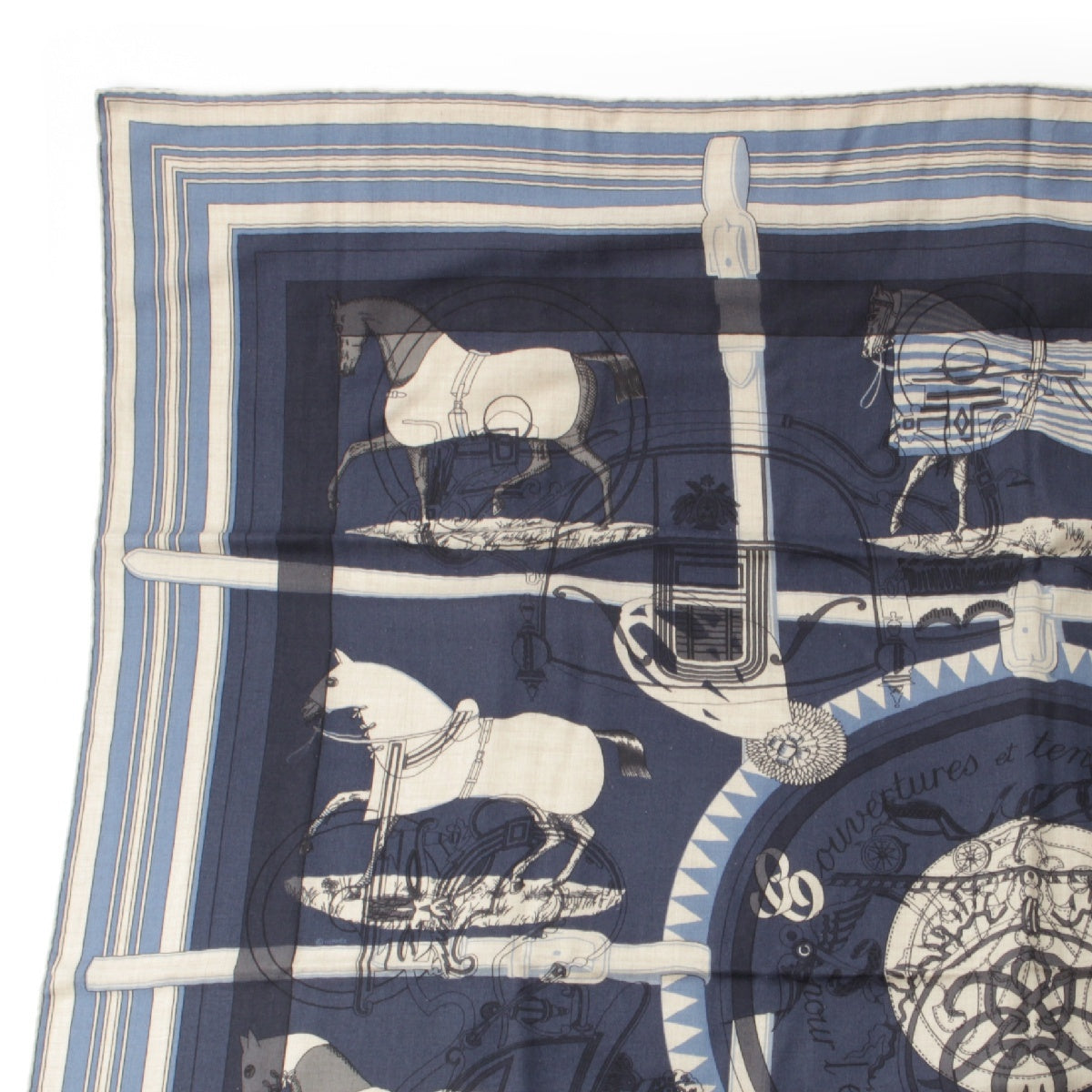 HERMES Calle Geant 140 Imprimeur Fou Cashmere x silk Large format scarf Couvertures and Tenues de Jour / Ex-Libris Stoles Shawls Navy