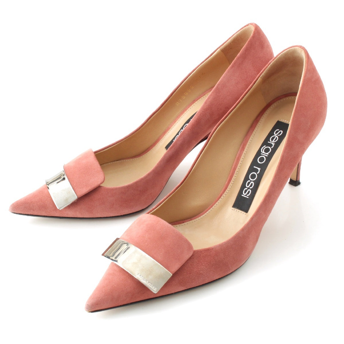 Sergio Rossi SR1 suede Plate pointed toe heel pumps Pink SilverMetal 37 1/2