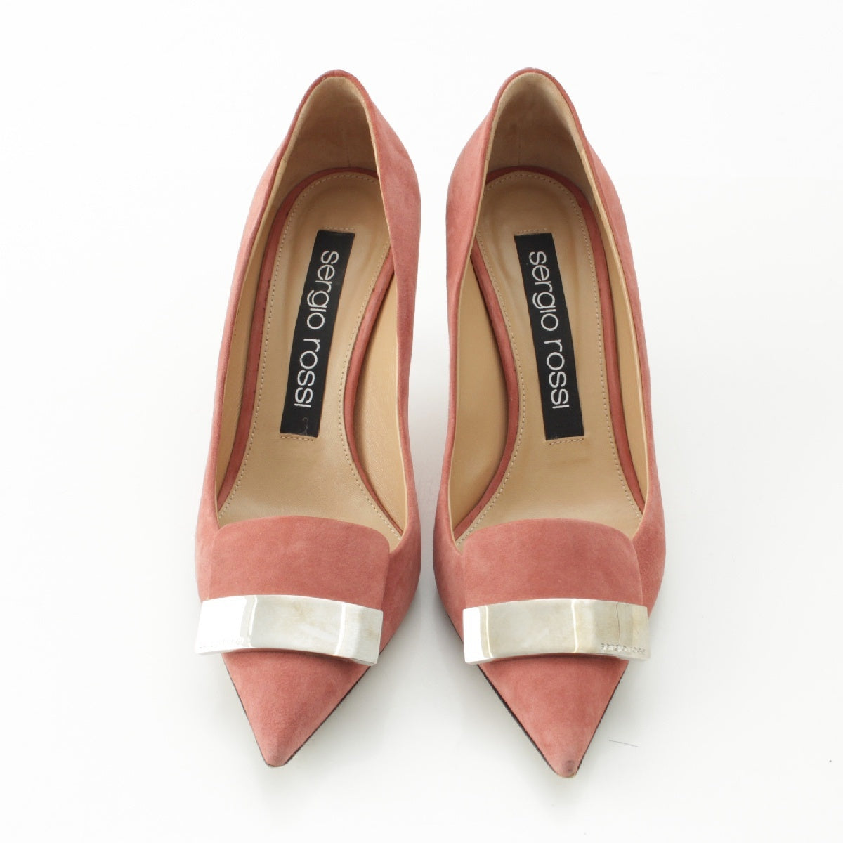 Sergio Rossi SR1 suede Plate pointed toe heel pumps Pink SilverMetal 37 1/2