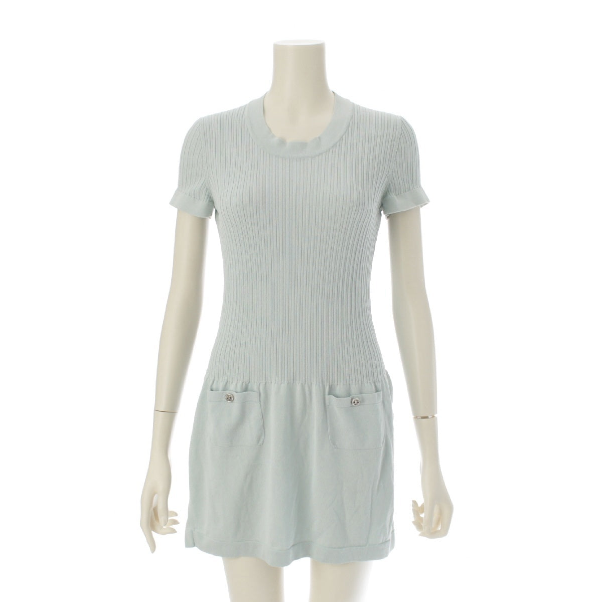 CHANEL cotton COCO Mark Rib Knit one piece Short sleeve dress P40365 Light blue 38