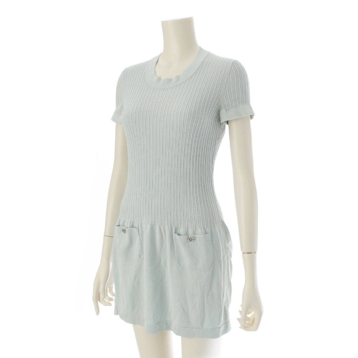 CHANEL cotton COCO Mark Rib Knit one piece Short sleeve dress P40365 Light blue 38