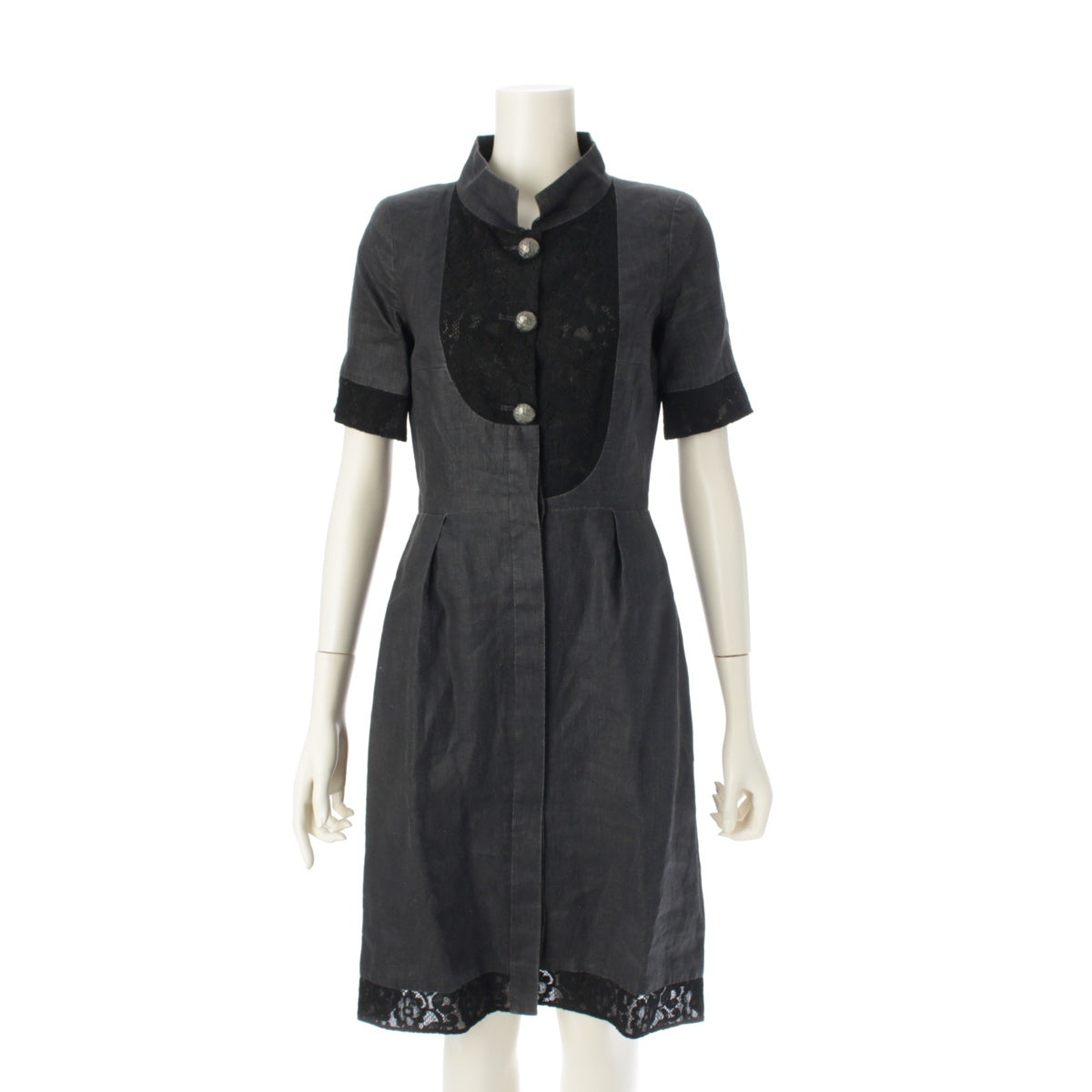 CHANEL linen Asymmetrical lace with glitter buttons one piece Short sleeve dress P51025 black 34