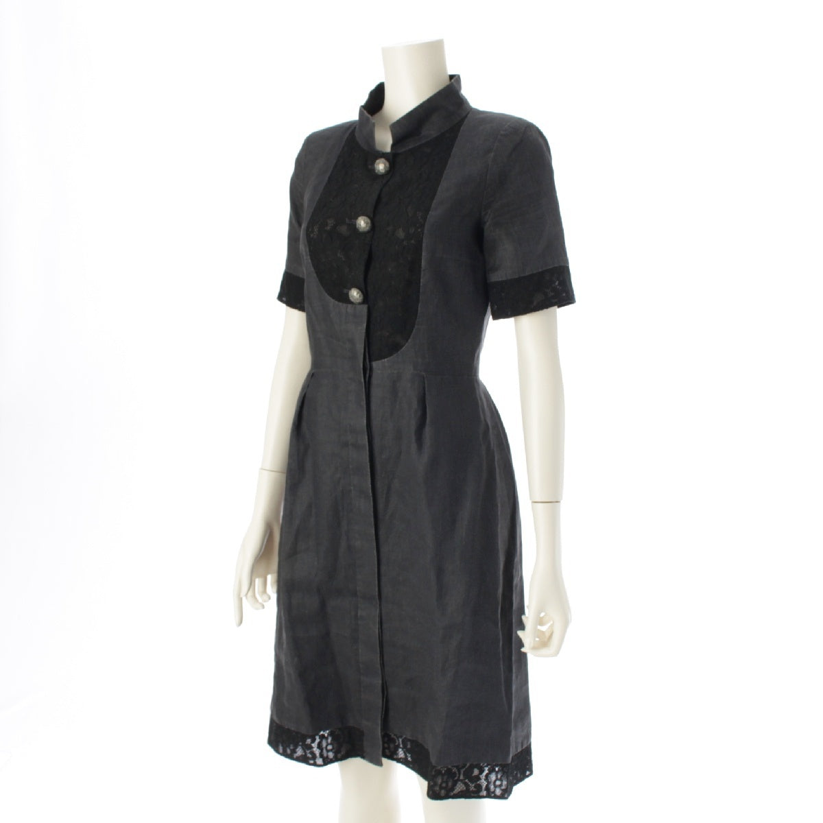 CHANEL linen Asymmetrical lace with glitter buttons one piece Short sleeve dress P51025 black 34