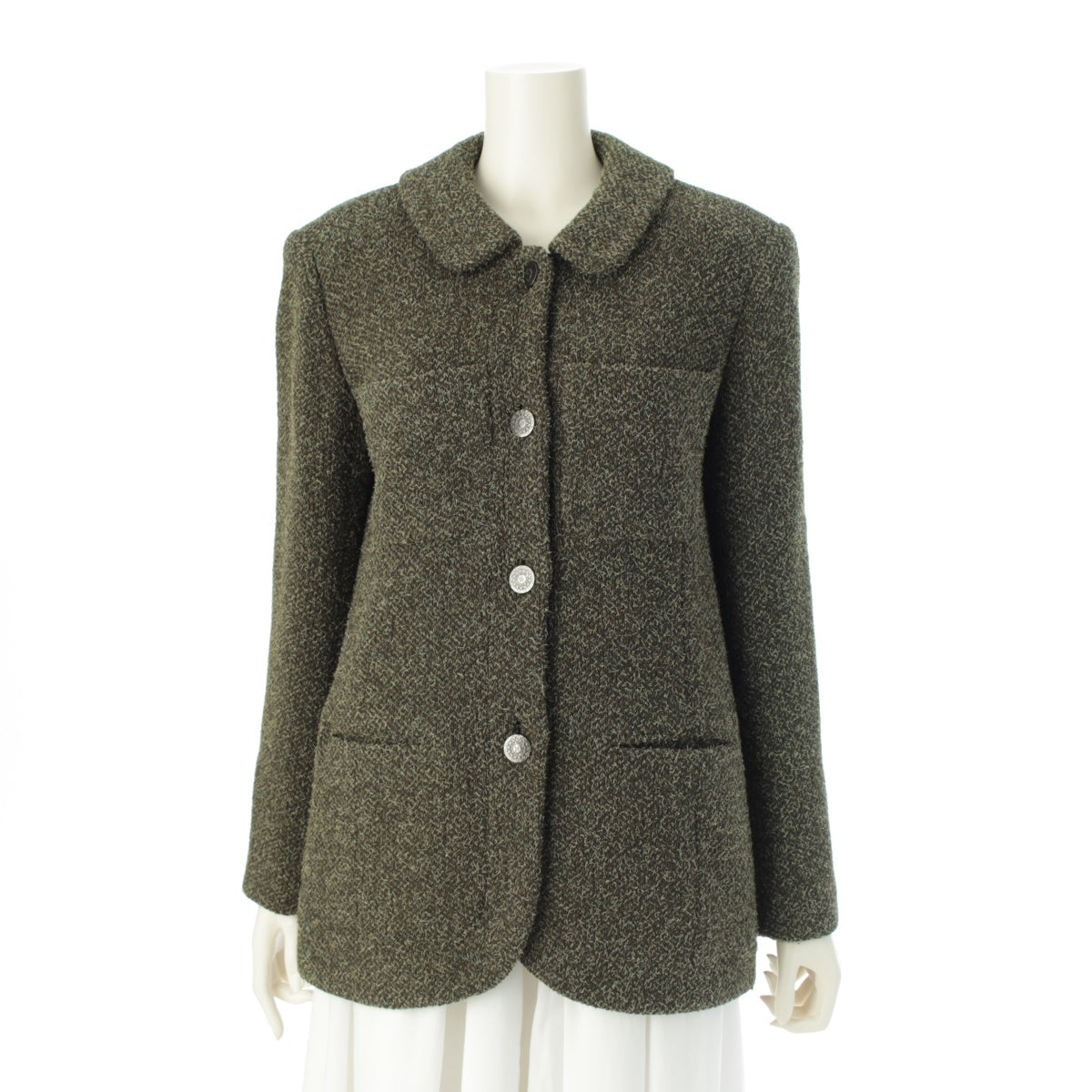 CHANEL 97A wool tweed Vintage circle COCO Mark button round collar tailored jacket 4 pockets P09174 khaki 38