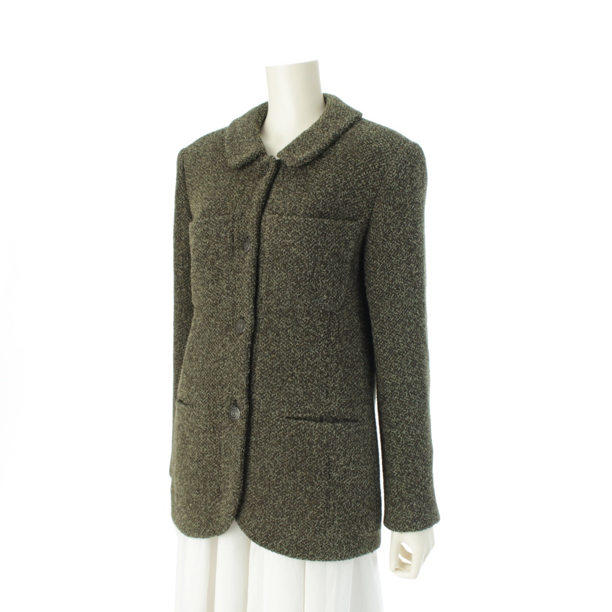 CHANEL 97A wool tweed Vintage circle COCO Mark button round collar tailored jacket 4 pockets P09174 khaki 38