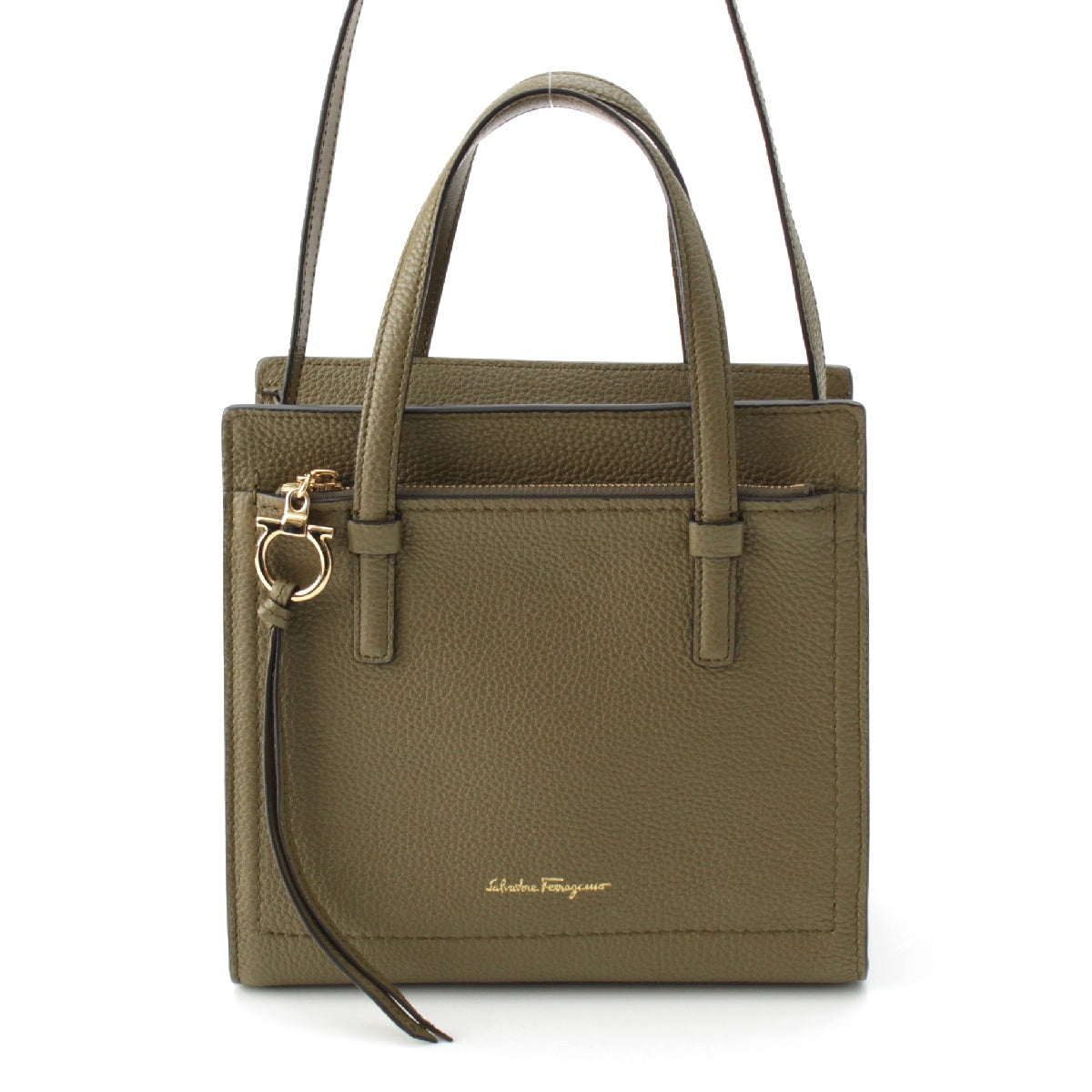 Salvatore Ferragamo Amy leather Gancini Floral 2way Shoulder Bag Handbag khaki