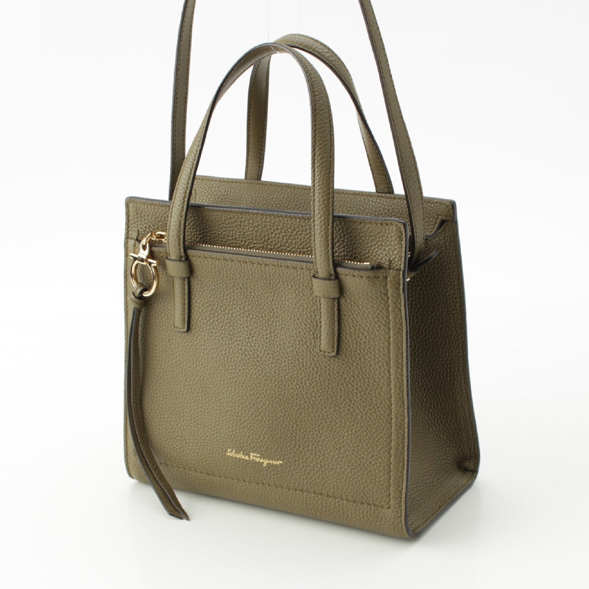 Salvatore Ferragamo Amy leather Gancini Floral 2way Shoulder Bag Handbag khaki