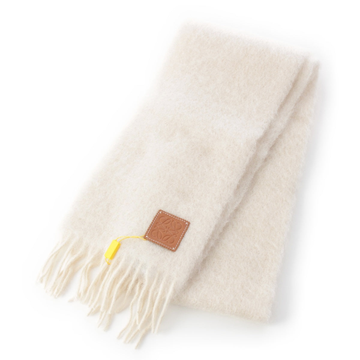 LOEWE Mohair Wool Anagram logo leather patch shaggy knit Scarf Stall F655254X01 Ivory off-white