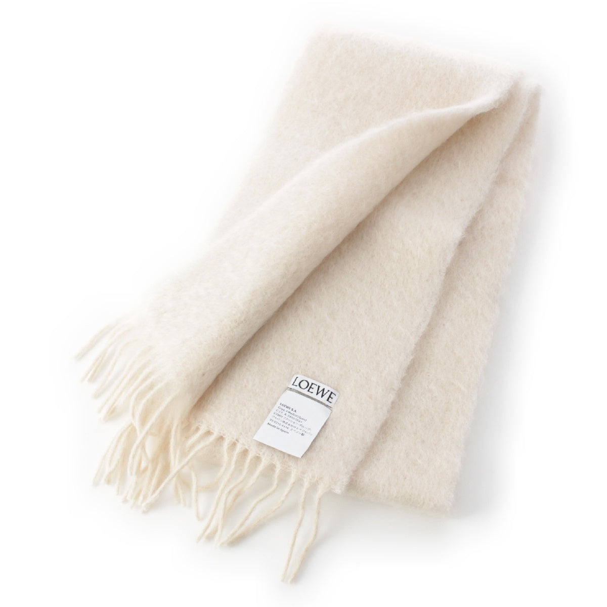 LOEWE Mohair Wool Anagram logo leather patch shaggy knit Scarf Stall F655254X01 Ivory off-white