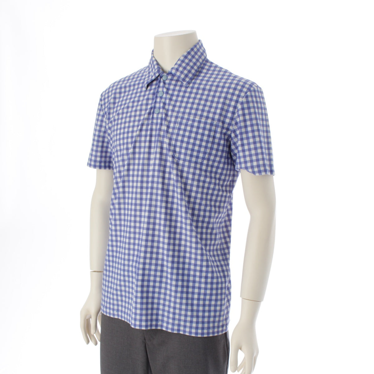 MIUMIU Nylon Archive Gingham Check Short Sleeve Polo shirt snap button tops Blue white L