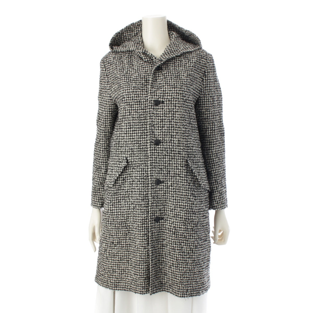 Y's wool Check Pattern Hooded coat outer Black White 1