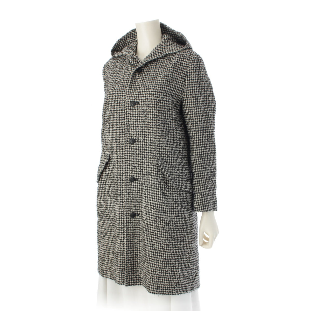 Y's wool Check Pattern Hooded coat outer Black White 1