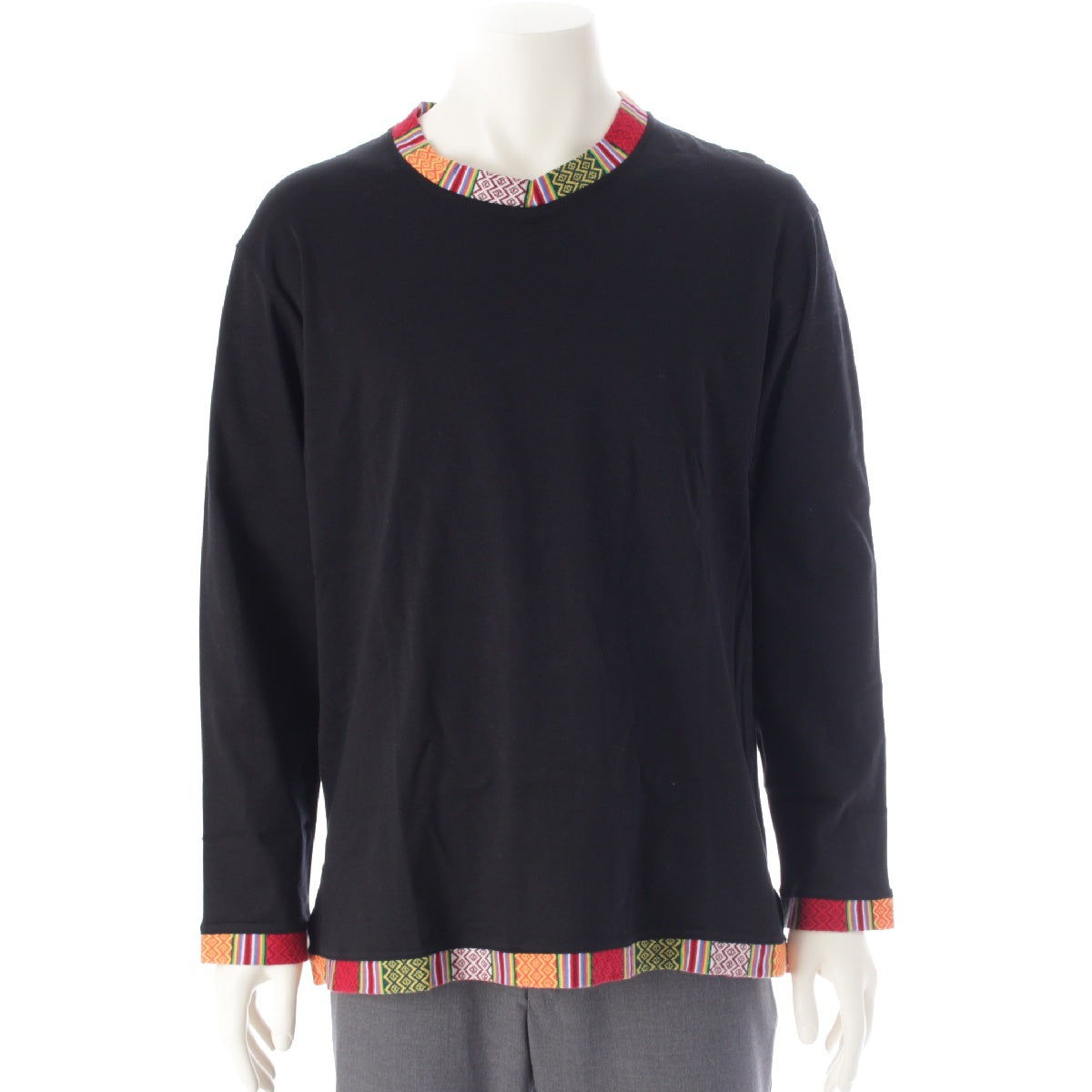 Yohji Yamamoto POUR HOMME 90S cotton Ethnic pattern switching Long-sleeved T-shirt Tops cut HO-T78-098 Black multicolor M