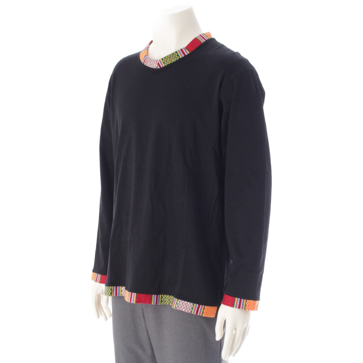 Yohji Yamamoto POUR HOMME 90S cotton Ethnic pattern switching Long-sleeved T-shirt Tops cut HO-T78-098 Black multicolor M