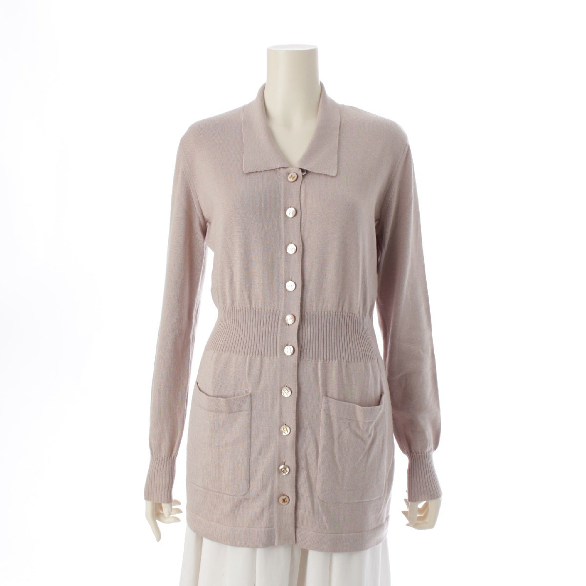 CHANEL cashmere Vintage COCO Mark Shell Button Long cardigan Knit dress tunic PO3853 pink beige 40