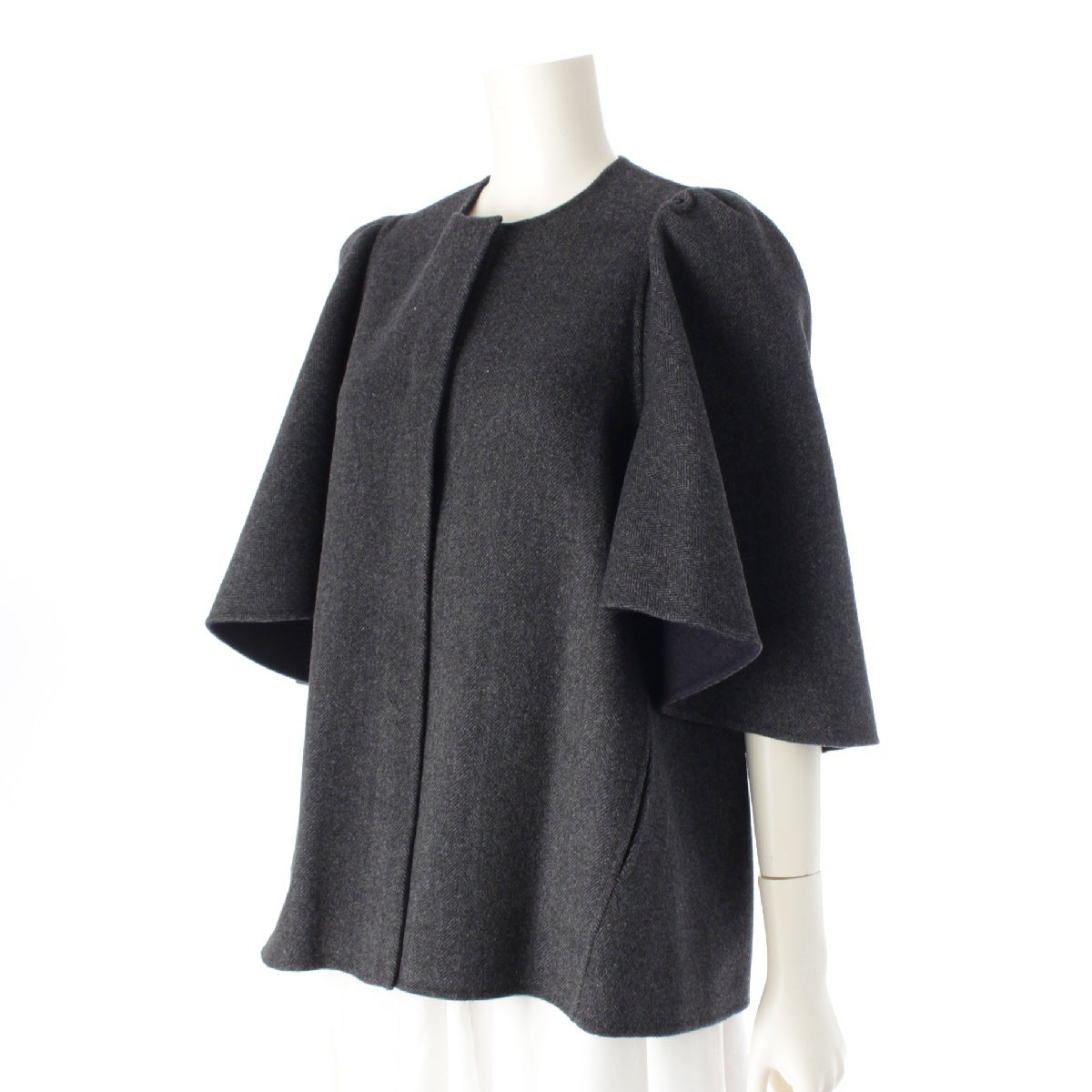 Drawer 22AW wool Double Face Herringbone Reversible poncho Puff sleeve coat outerwear 6525-299-0824 Gray navy 36