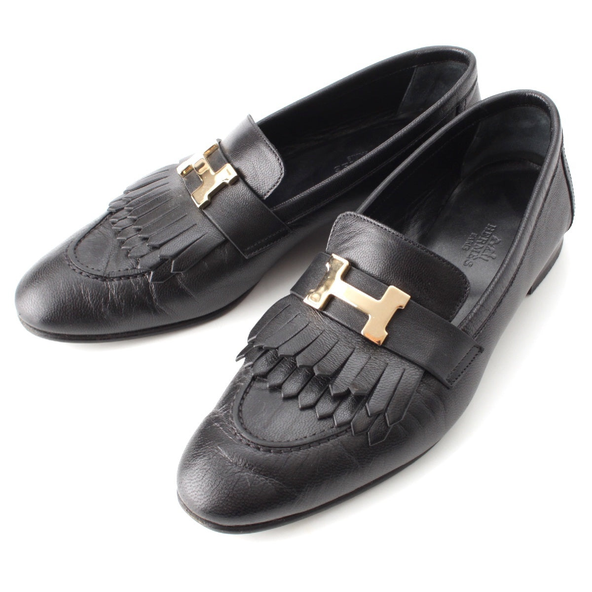 HERMES leather Royale H Motif Fringe Moccasin shoes black 37 1/2