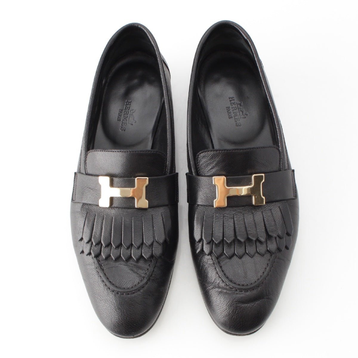 HERMES leather Royale H Motif Fringe Moccasin shoes black 37 1/2