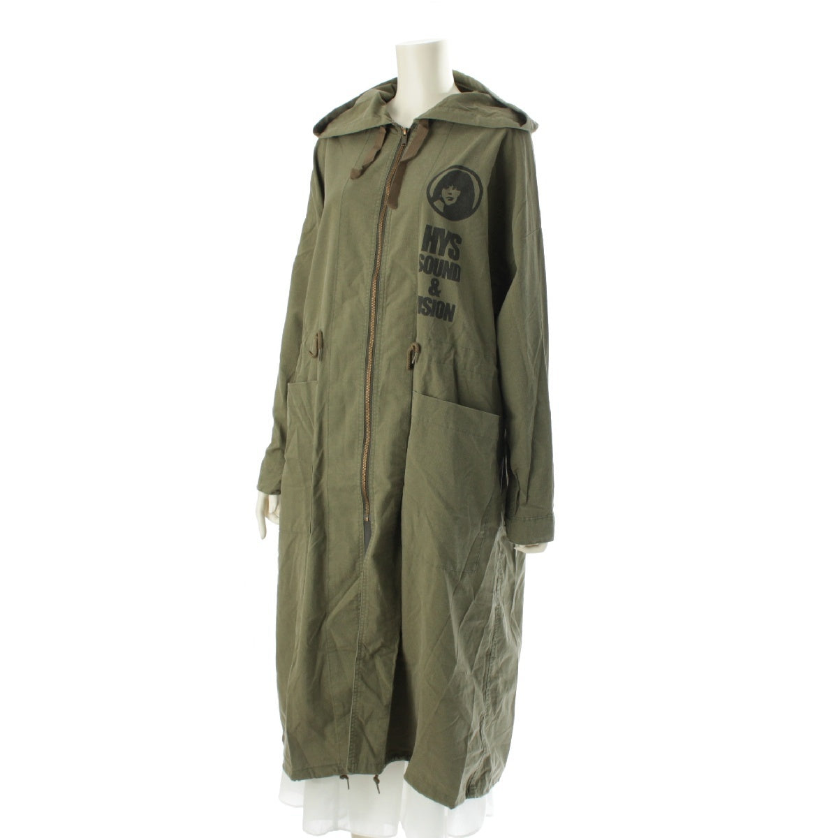 HYSTERIC GLAMOUR cotton Printed logo waist mark long Mod coat outer 01201A001 Khaki green F
