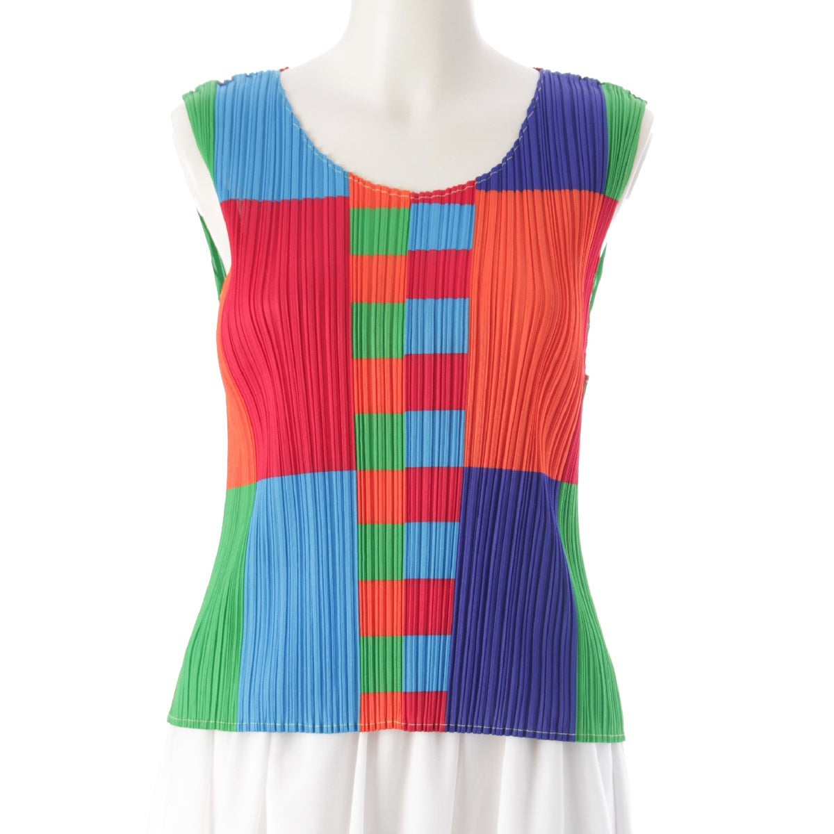 ISSEY MIYAKE Pleated Please Block Check Sleeveless tops PP14-JK353 Orange Green Blue 3