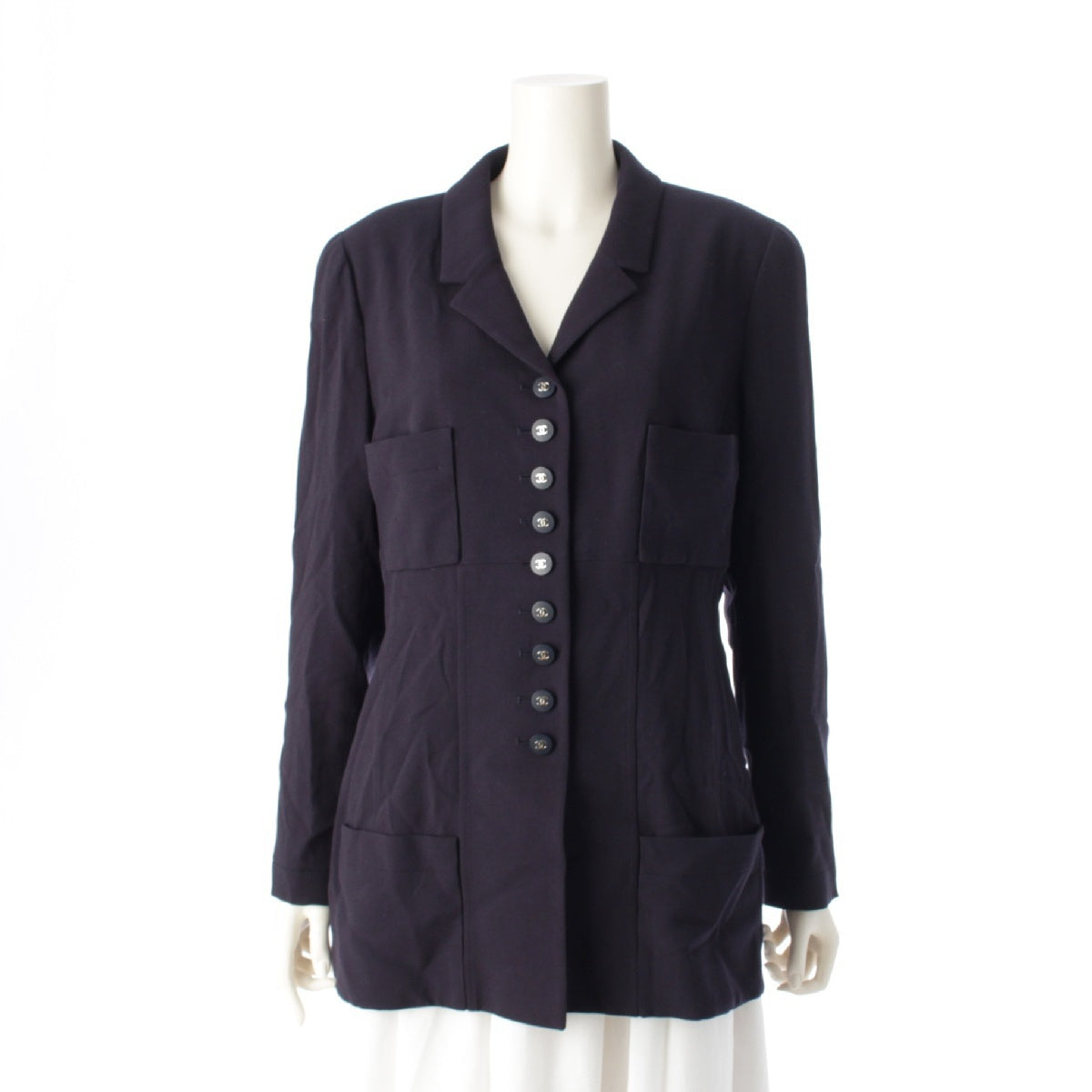 CHANEL 96P wool Vintage COCO Button 4 Pocket Single Jacket P06370 Navy 44
