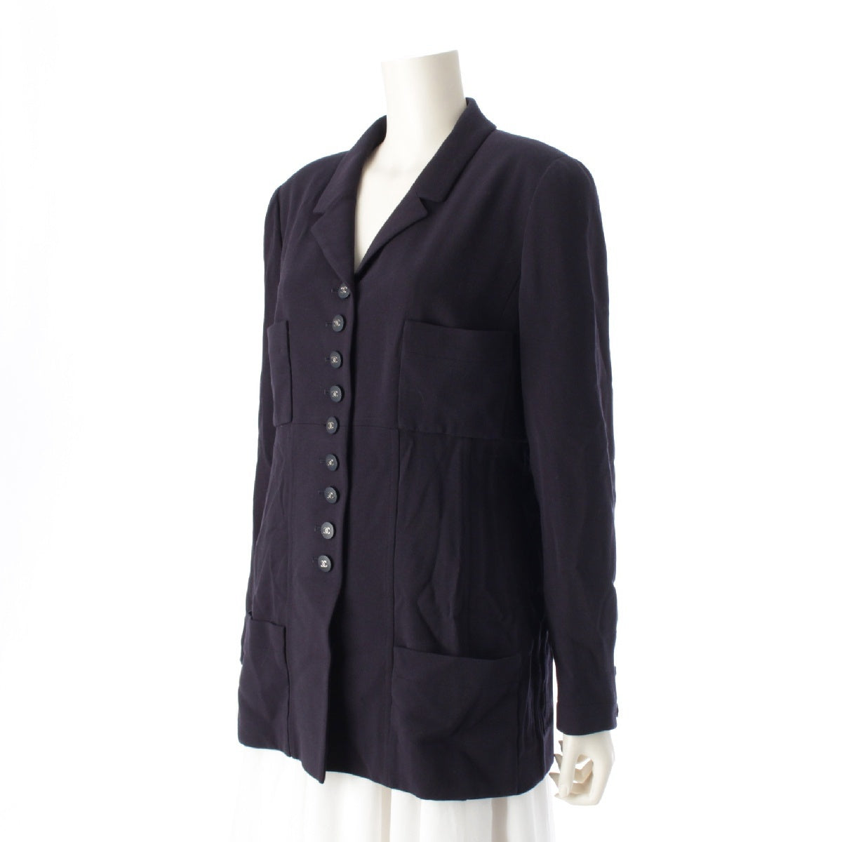 CHANEL 96P wool Vintage COCO Button 4 Pocket Single Jacket P06370 Navy 44