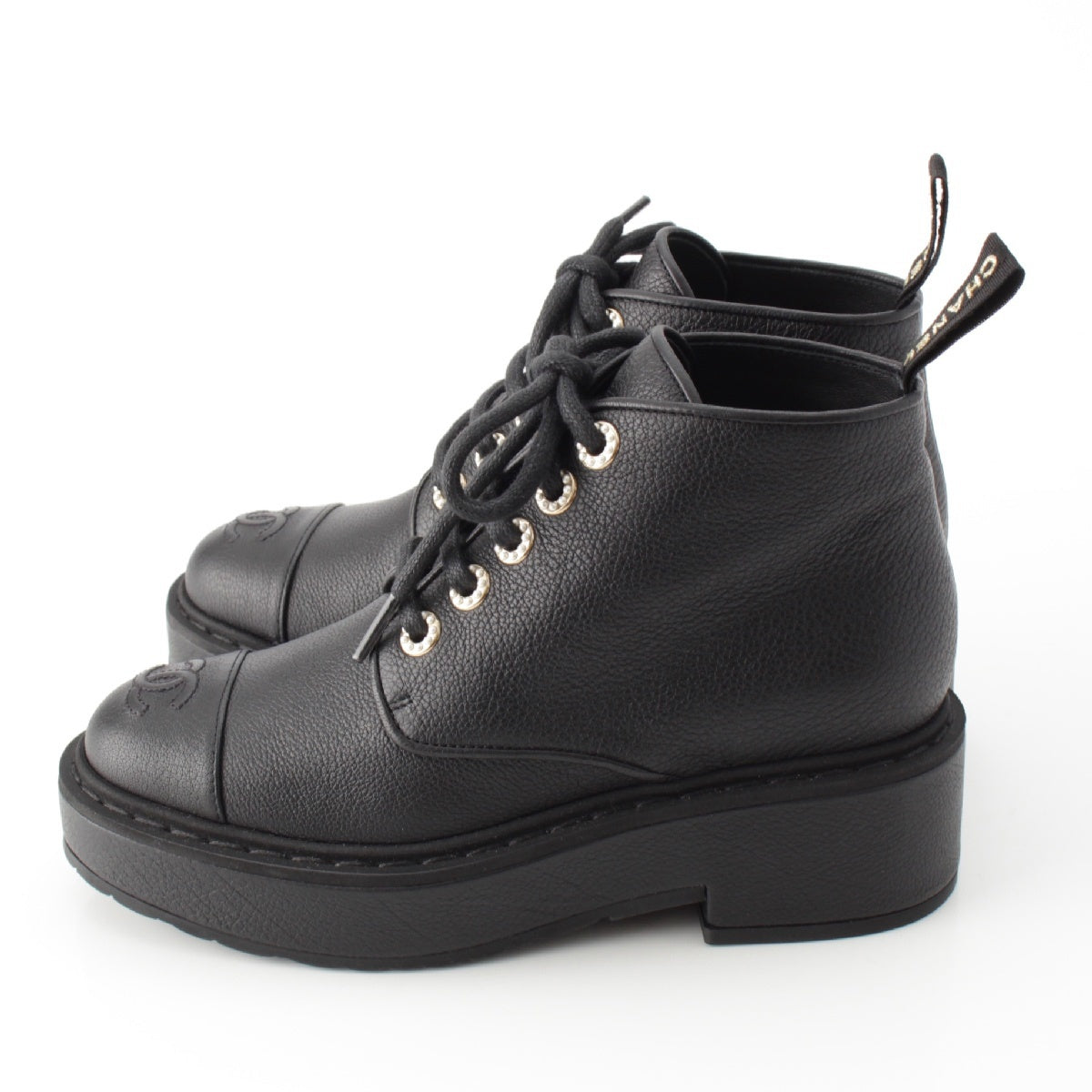 CHANEL leather COCO Mark Logo Pearl Lace-up boots shoes G36416 black 36