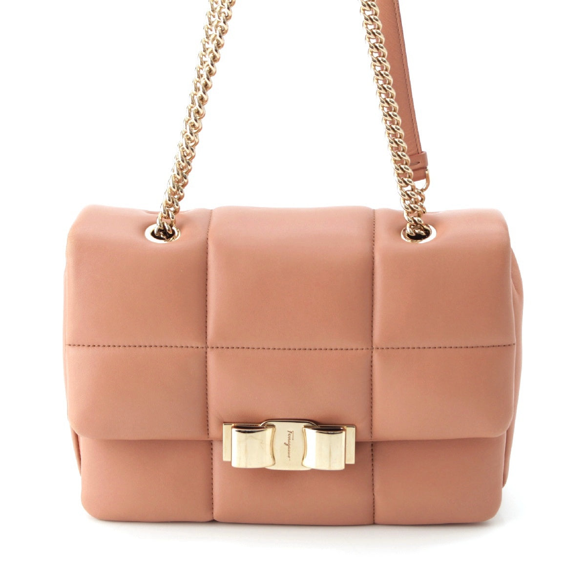 Salvatore Ferragamo lambskin Vara Ribbon Quilting Chain Shoulder Bag pink beige