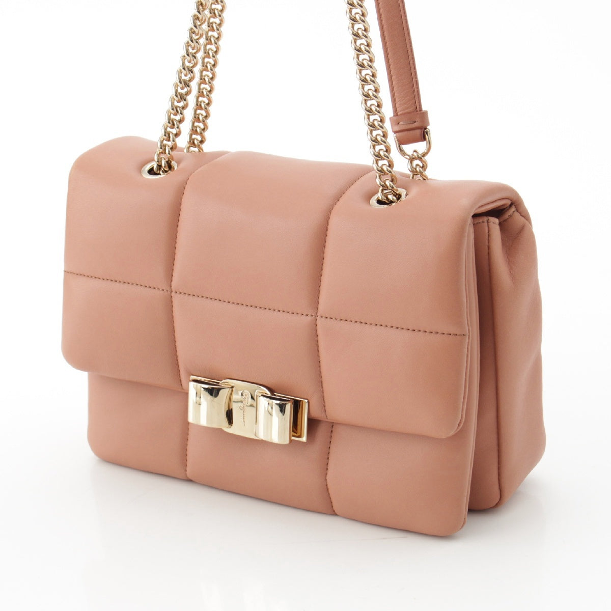 Salvatore Ferragamo lambskin Vara Ribbon Quilting Chain Shoulder Bag pink beige