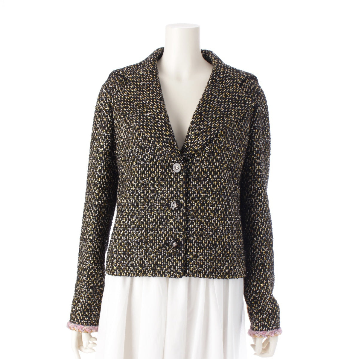 CHANEL Wool silk COCO Button Sequin Tweed Single tailored jacket outer P78196 Black gold 38