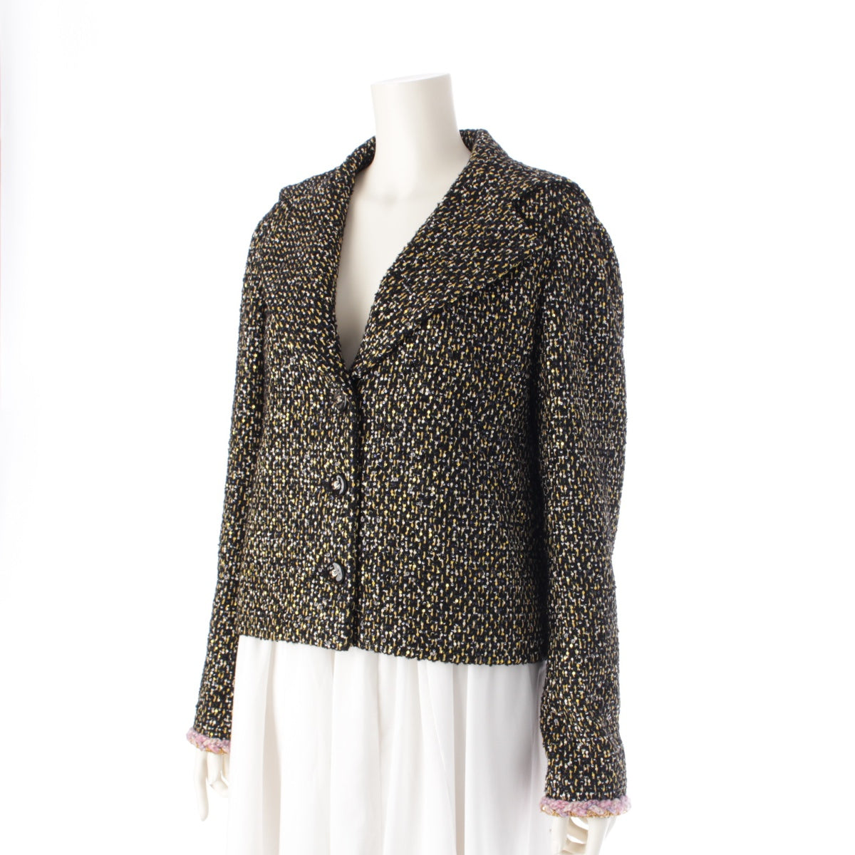 CHANEL Wool silk COCO Button Sequin Tweed Single tailored jacket outer P78196 Black gold 38