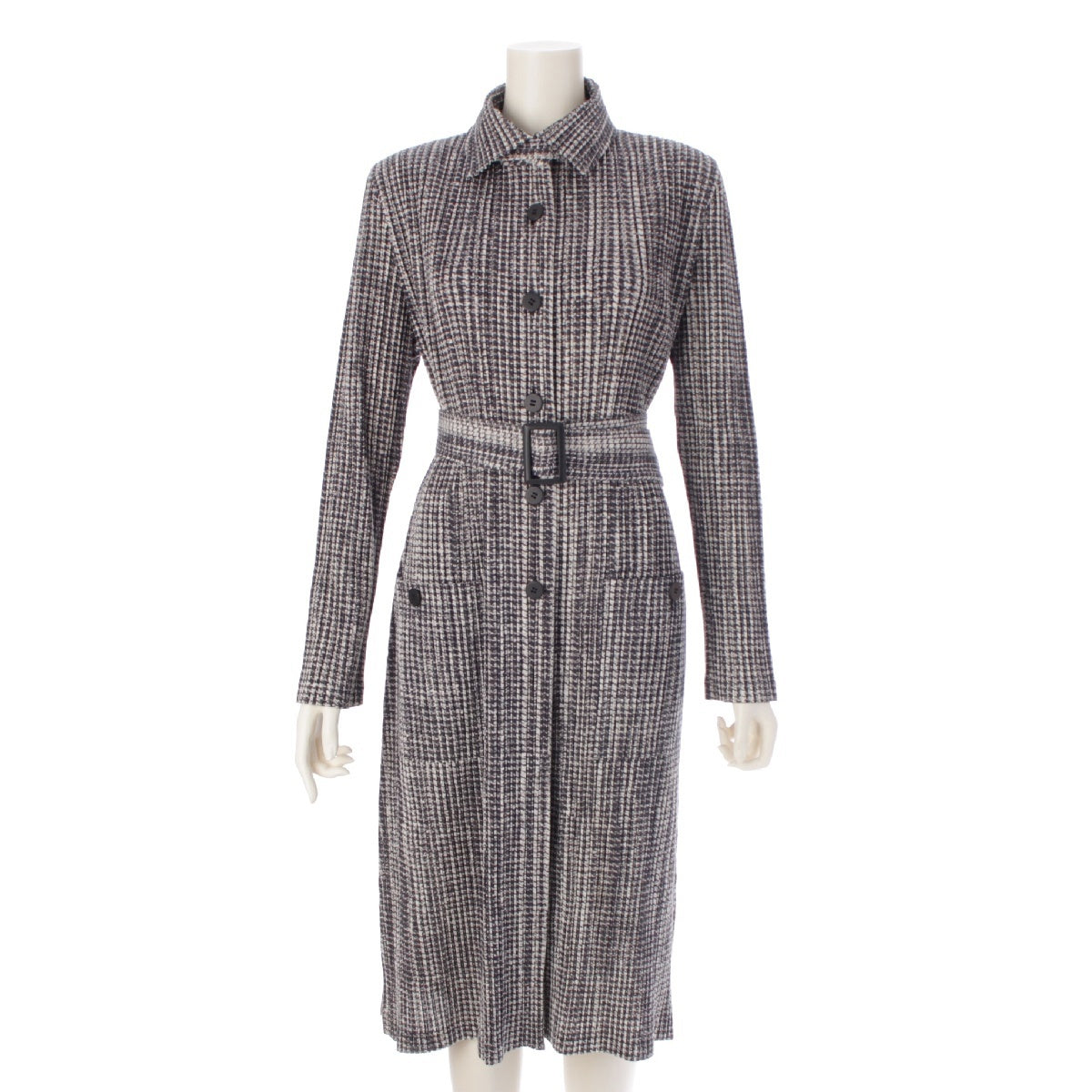 PLEATS PLEASE ISSEY  Cotton blend Belted plaid pattern print shirt one piece PP73-JA706 Black x white 4