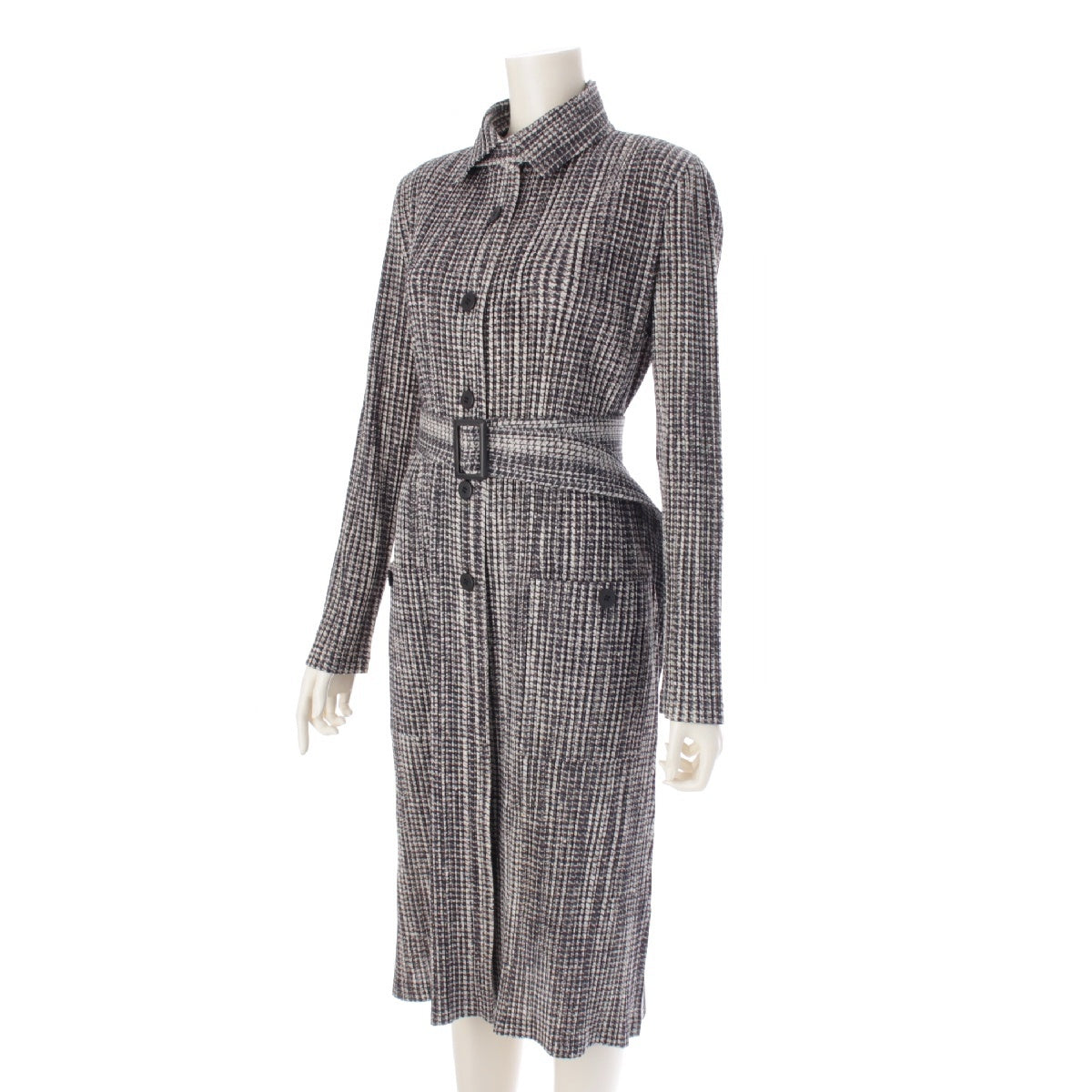 PLEATS PLEASE ISSEY  Cotton blend Belted plaid pattern print shirt one piece PP73-JA706 Black x white 4