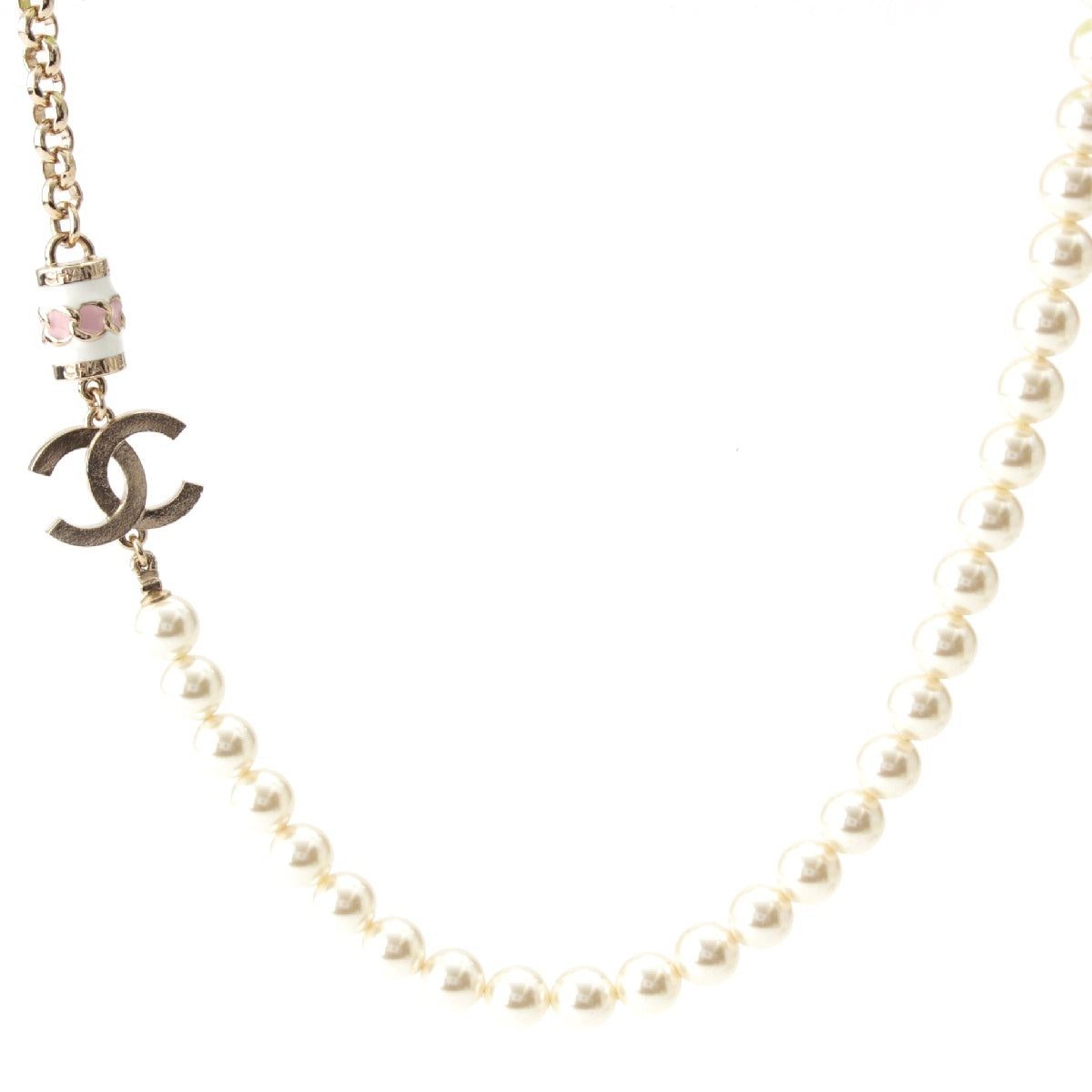 CHANEL I24B COCO Mark Pearl Necklace Pendant accessories White x pink