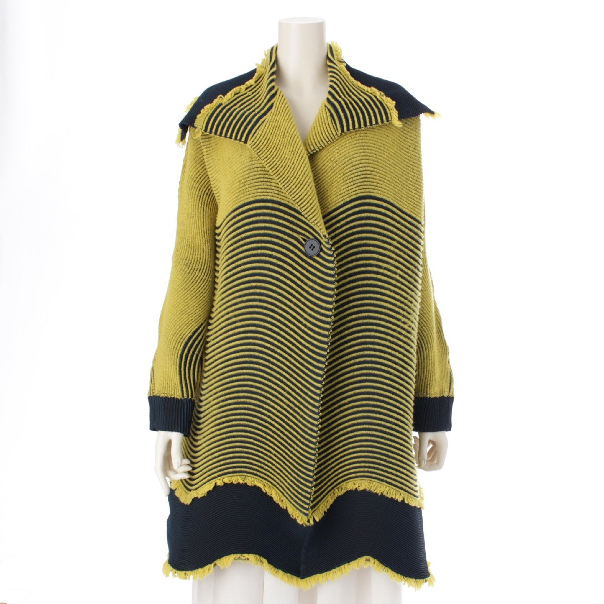 ISSEY MIYAKE Yoshiyuki Miyamae Wool blend 3D Steam Wave Pleated Fringe poncho Jackets Coats Tops IM84FD543 Yellow x Dark Green 2
