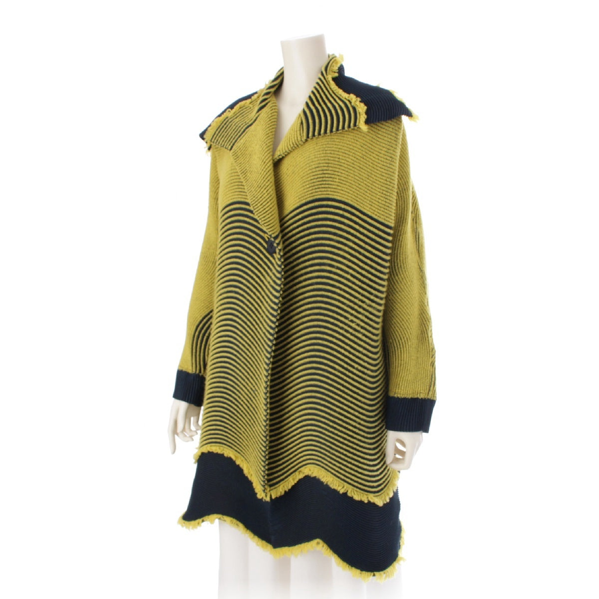 ISSEY MIYAKE Yoshiyuki Miyamae Wool blend 3D Steam Wave Pleated Fringe poncho Jackets Coats Tops IM84FD543 Yellow x Dark Green 2