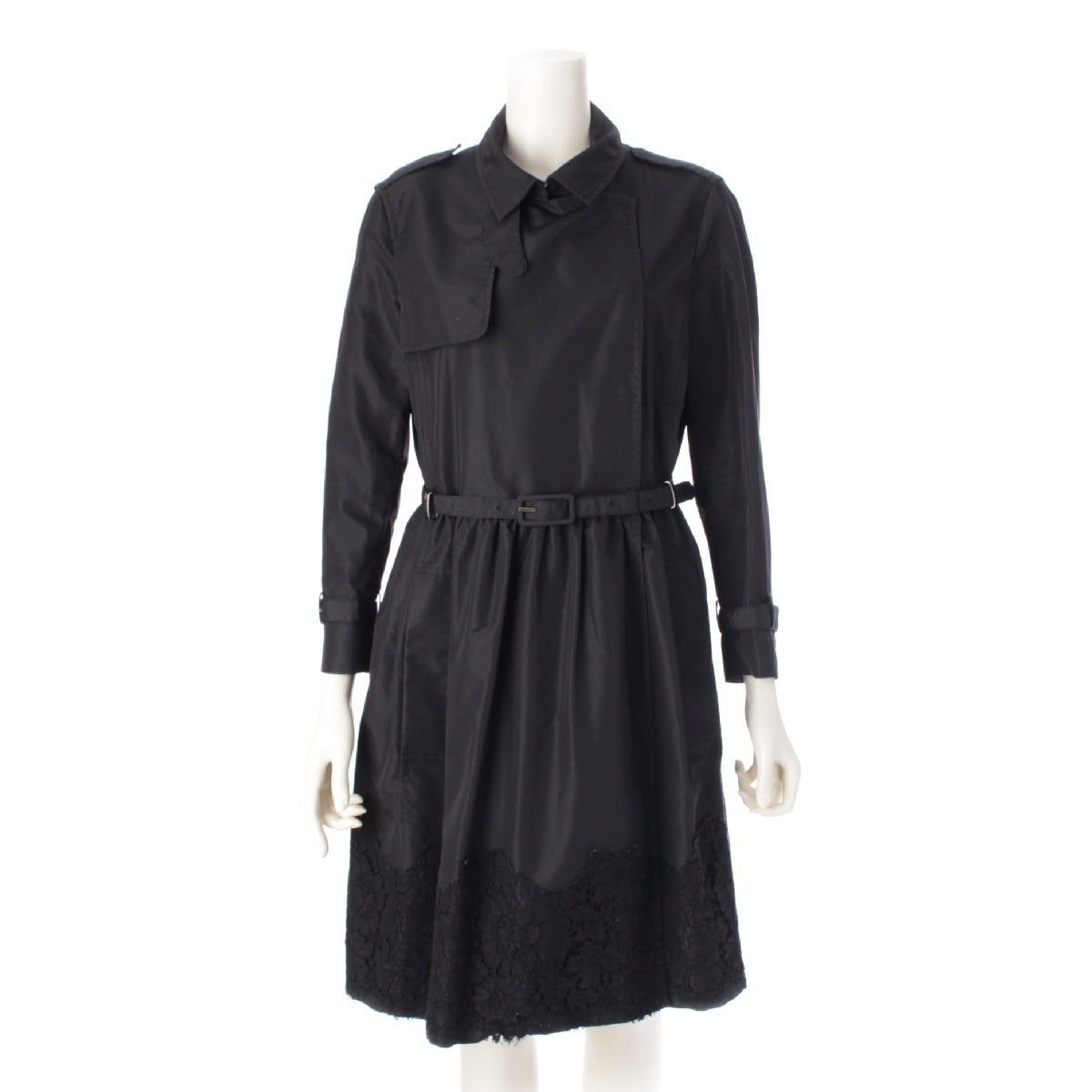 VALENTINO Cotton silk Lace hem Belt Hidden placket trench coat outer black 44