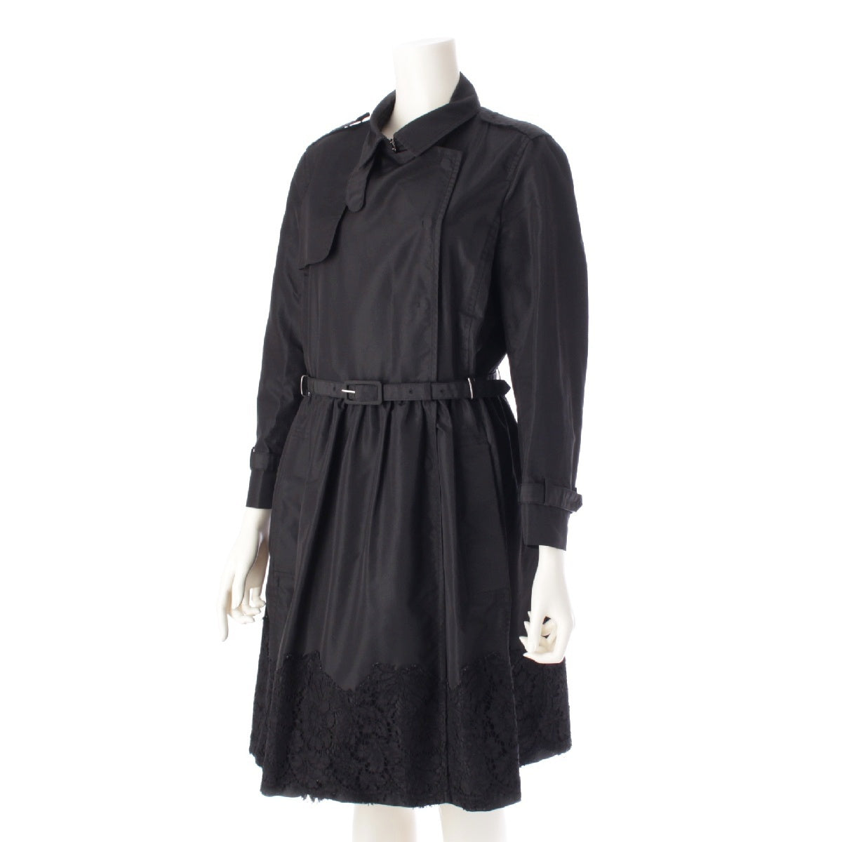 VALENTINO Cotton silk Lace hem Belt Hidden placket trench coat outer black 44