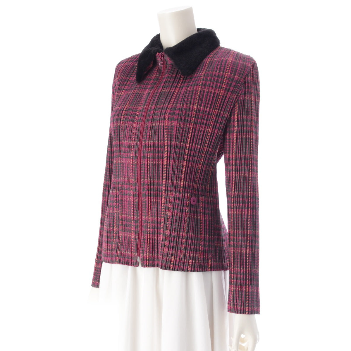 PLEATS PLEASE ISSEY  Light outerwear with fur trim and check zip-up outer Jacket PP83-JC454 pink 4