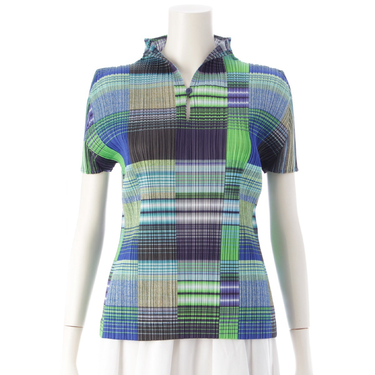 PLEATS PLEASE ISSEY  Check pattern short sleeve blouse tops PP01-JK317 Green x blue 3