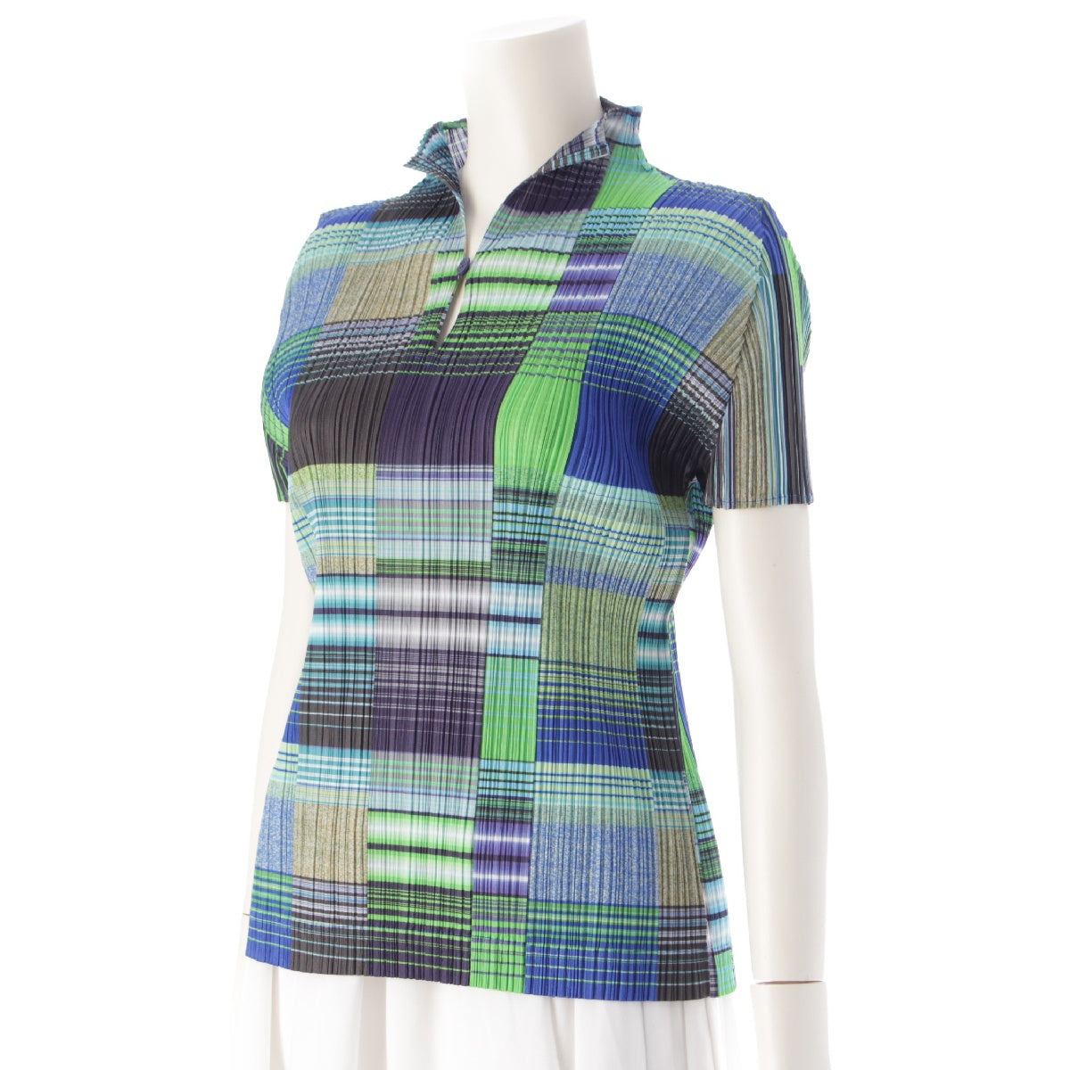 PLEATS PLEASE ISSEY  Check pattern short sleeve blouse tops PP01-JK317 Green x blue 3