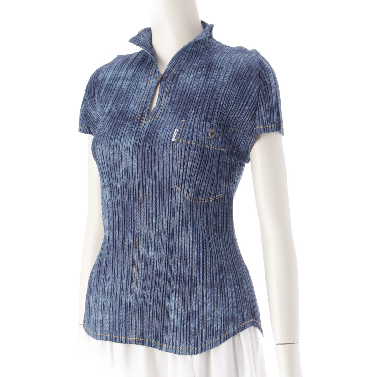 PLEATS PLEASE ISSEY  Denim Transfer Short Sleeve blouse tops PP53-JK512 blue 3