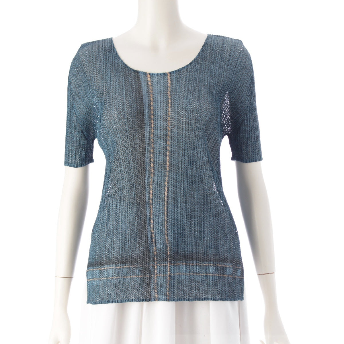 PLEATS PLEASE ISSEY  Denim Transfer Mesh Short Sleeve Cut tops PP13-JK534 blue 3