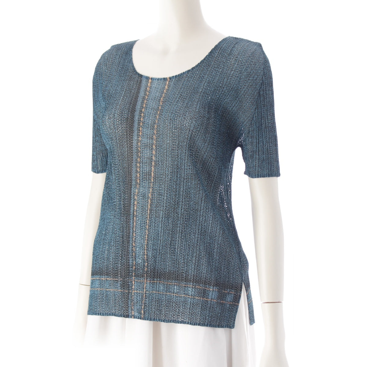 PLEATS PLEASE ISSEY  Denim Transfer Mesh Short Sleeve Cut tops PP13-JK534 blue 3
