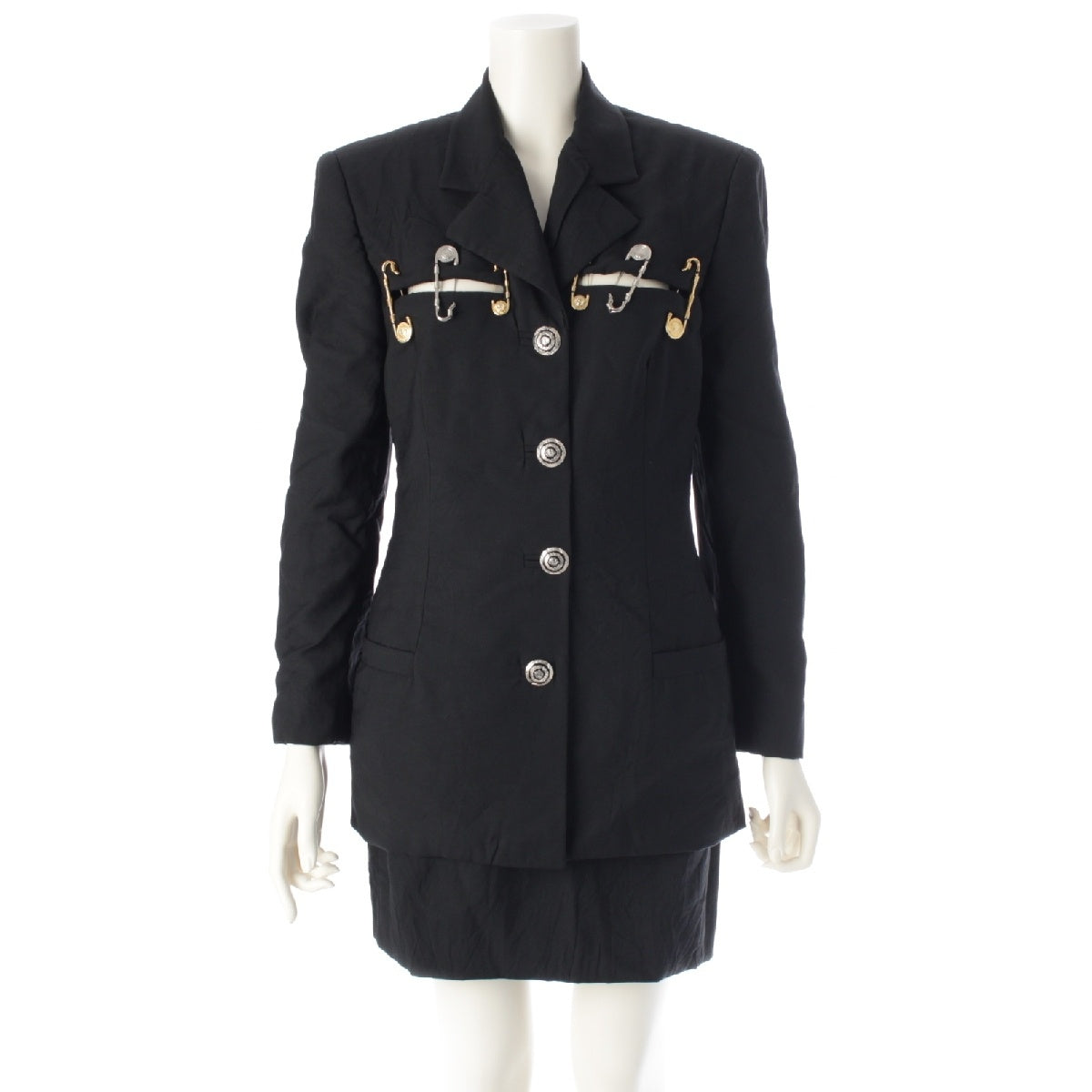 VERSACE 1994Stainless Steel Runway Vintage Safety Pin Jacket Skirt setup Medusa black 38