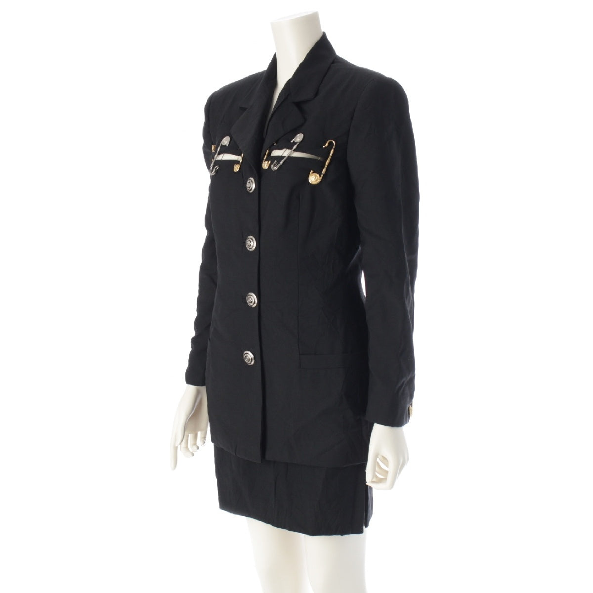 VERSACE 1994Stainless Steel Runway Vintage Safety Pin Jacket Skirt setup Medusa black 38