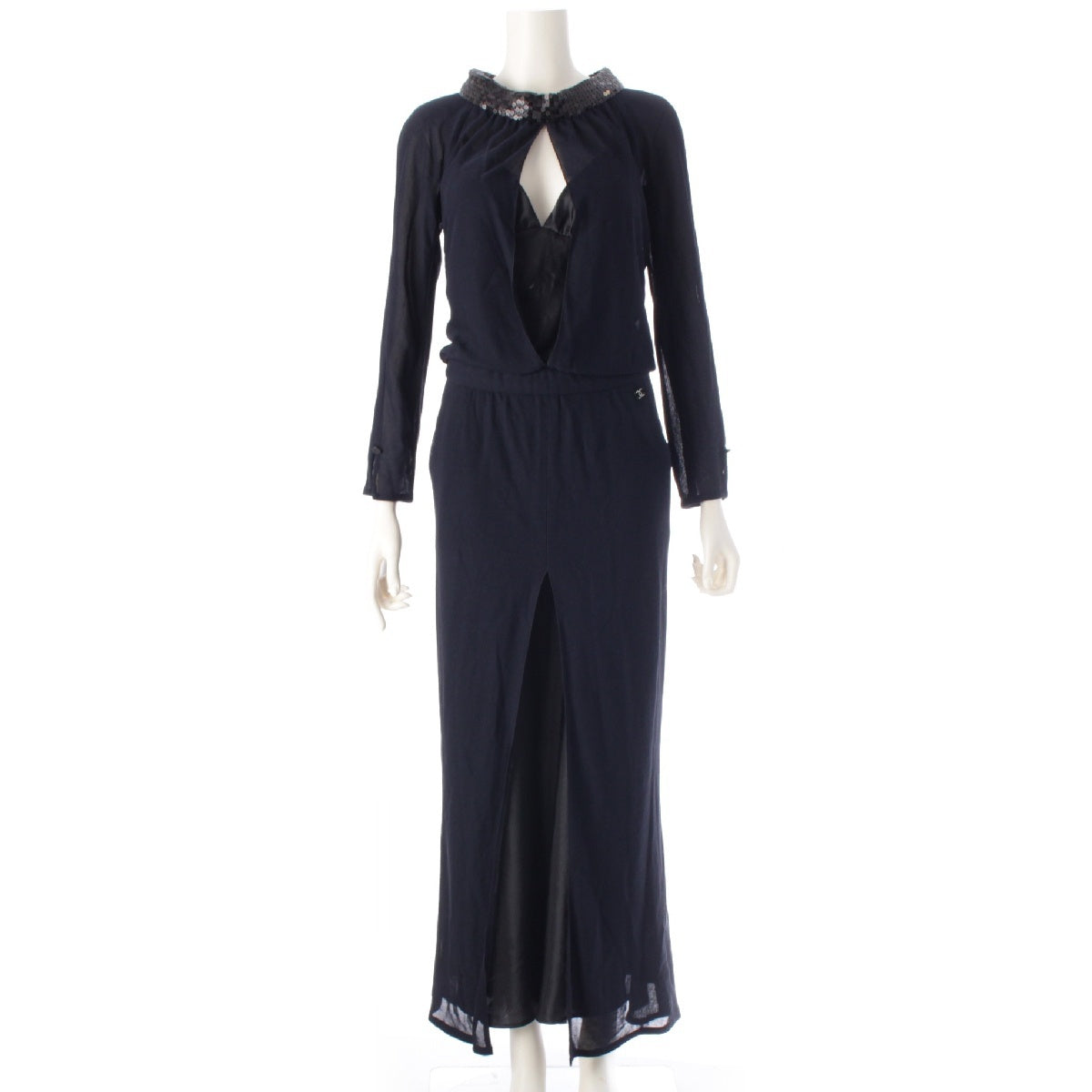 CHANEL 02A silk Vintage Sequin Long one piece dress P19766W03047  Navy black 36