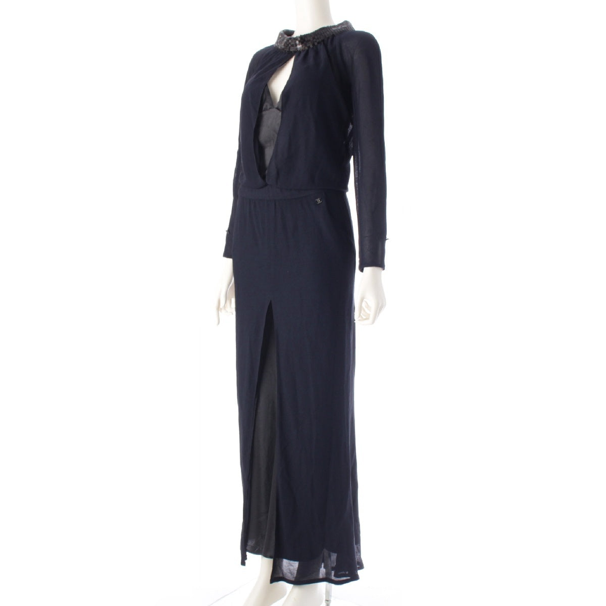 CHANEL 02A silk Vintage Sequin Long one piece dress P19766W03047  Navy black 36