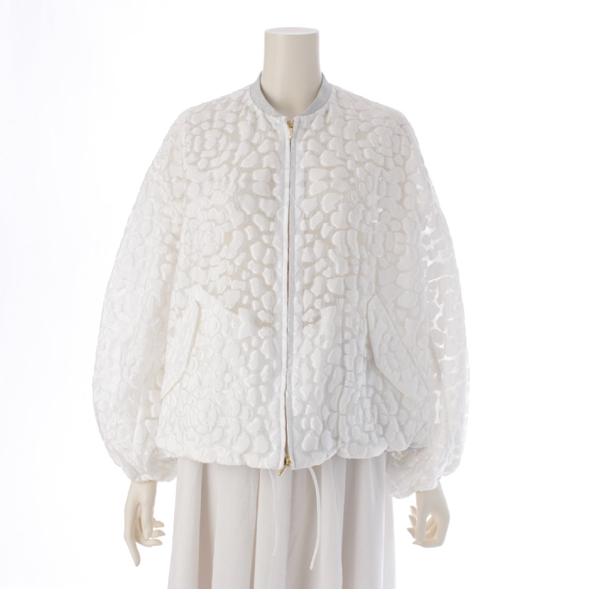 Drawer 23Stainless Steel silk Puffy Jacquard See-Through Double Zip Blouson Jacket 6522-234-0773 White Silver