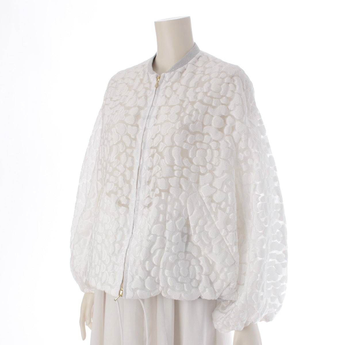 Drawer 23Stainless Steel silk Puffy Jacquard See-Through Double Zip Blouson Jacket 6522-234-0773 White Silver